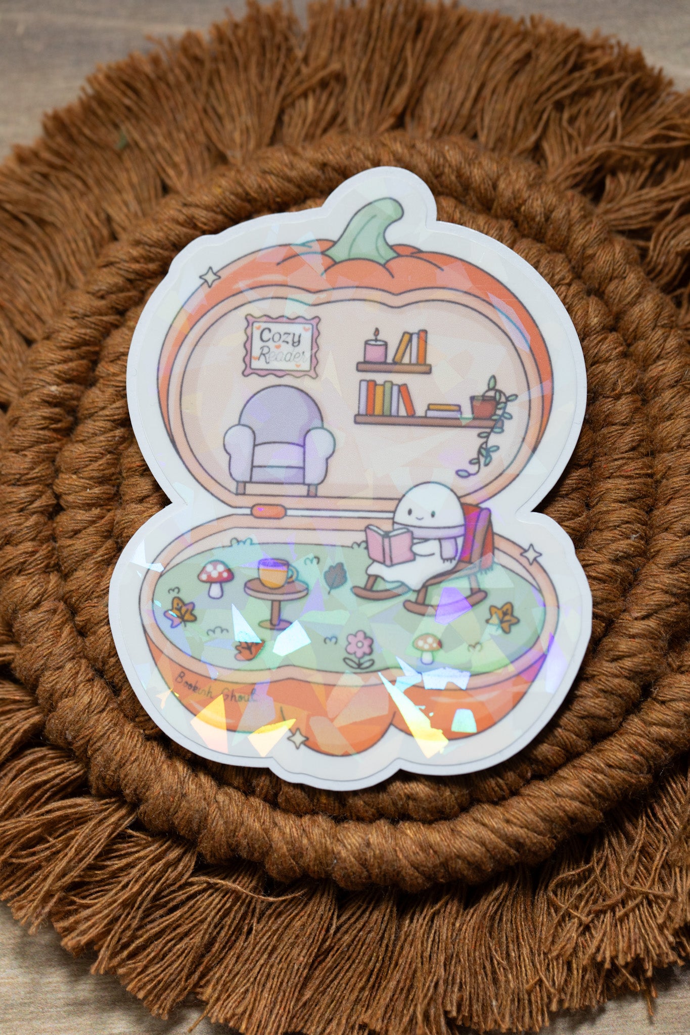 Cozy Reader Pumpkin Holographic Sticker