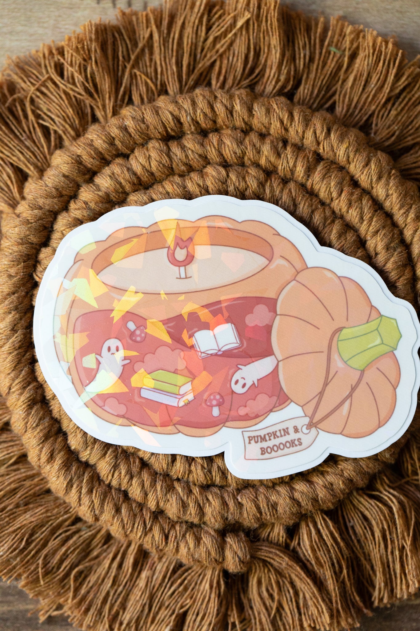 Fall Bookish Pumpkin Candle Holographic Sticker