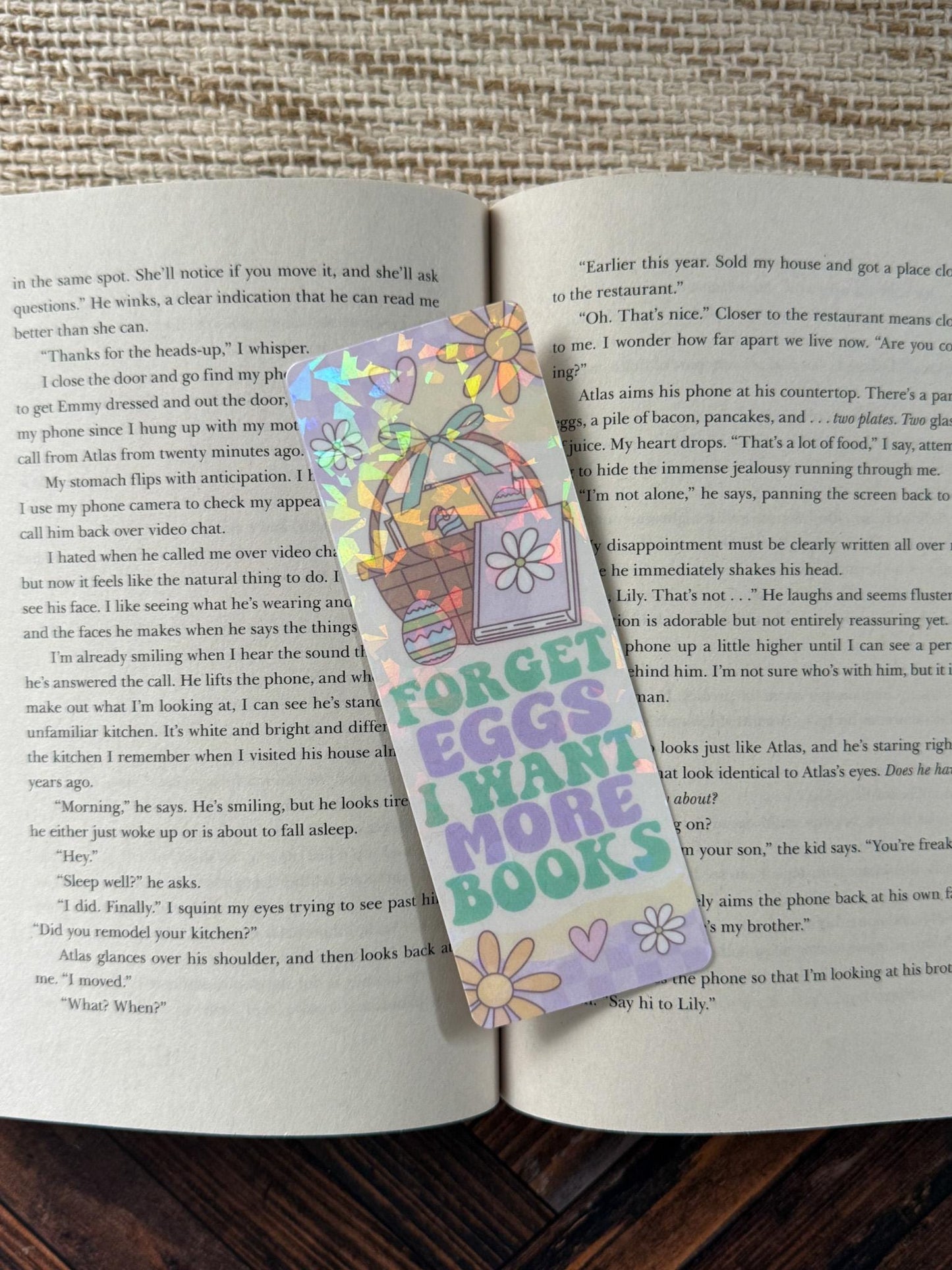 Easter Bookmarks | Hop into Book | Forget Eggs More Books | Bunny Eggs Basket Holographic Bookmark