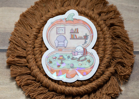 Cozy Reader Pumpkin Holographic Sticker