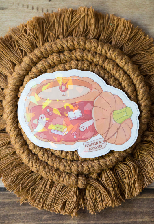 Fall Bookish Pumpkin Candle Holographic Sticker