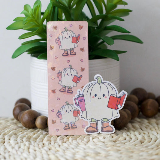 Ghost with Tumbler and Book Holographic Bookmark and Sticker
