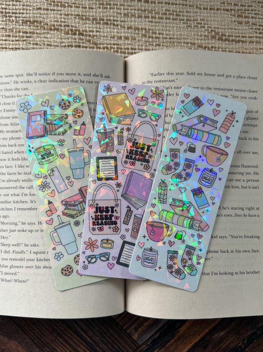 Books and Coffee Bookmarks | Just Keep Reading | Tumbler and Books Holographic Bookmark