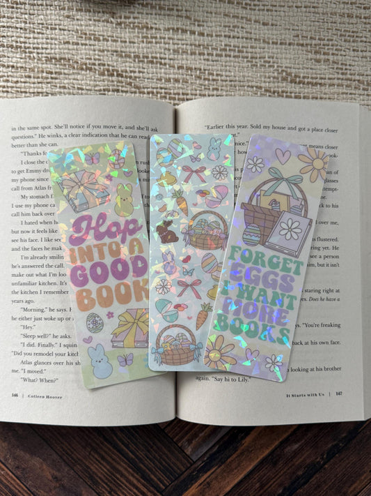 Easter Bookmarks | Hop into Book | Forget Eggs More Books | Bunny Eggs Basket Holographic Bookmark